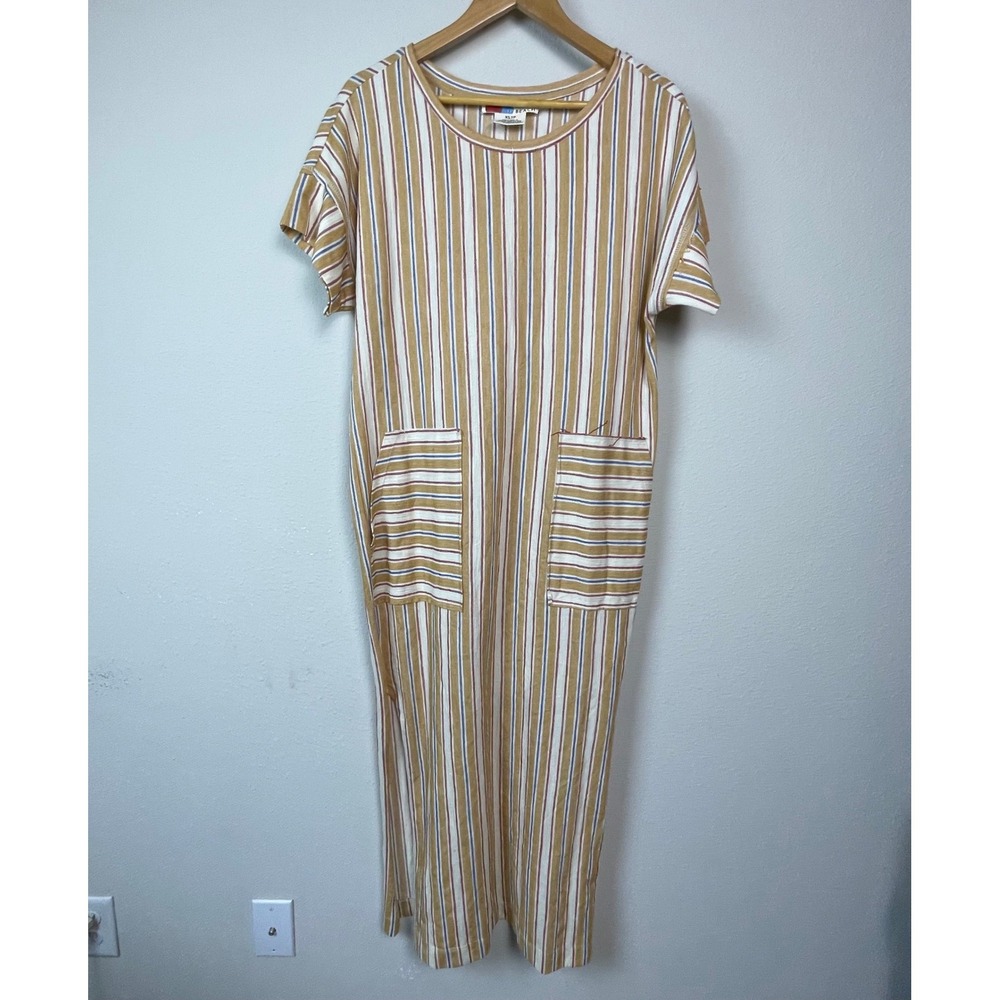 Free People Beach Womens XS Striped Maxi Dress Yellow Red Blue Short Sleeve Boho